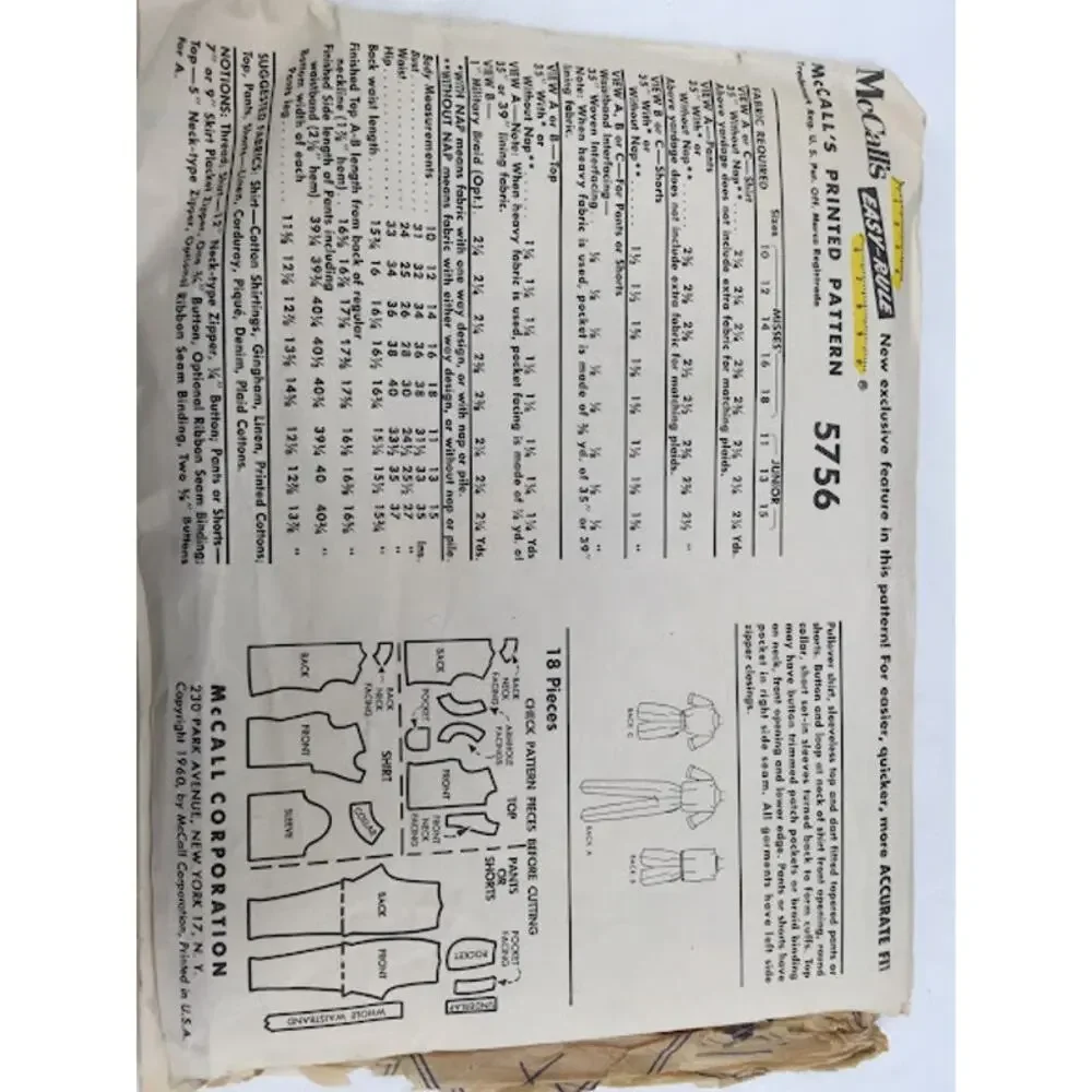 McCalls 5756 Miss Size 13Vintage Sewing Pattern Unused 50s 60s 70s